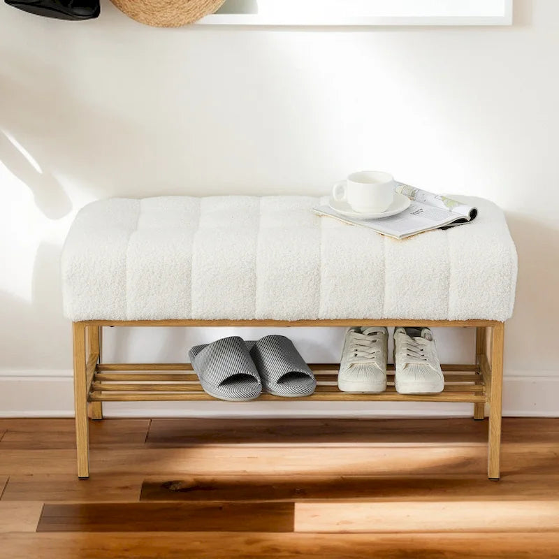Entryway Storage Shoe Bench,Modern Upholstered Storage Bench with Shelf