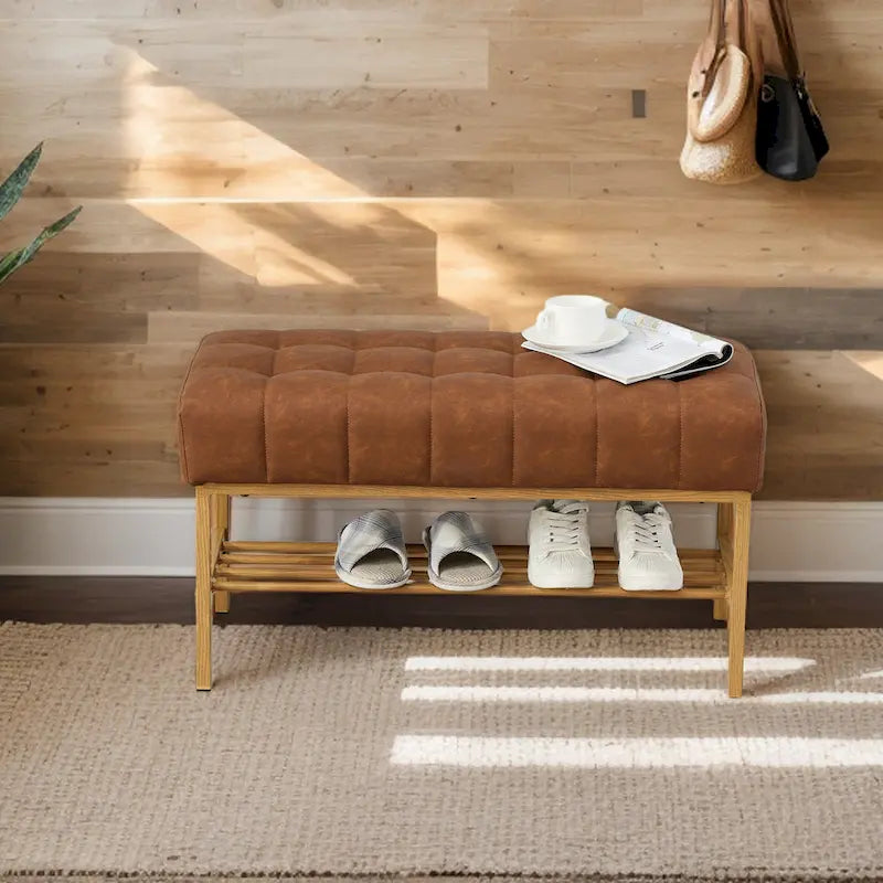 Entryway Storage Shoe Bench,Modern Upholstered Storage Bench with Shelf