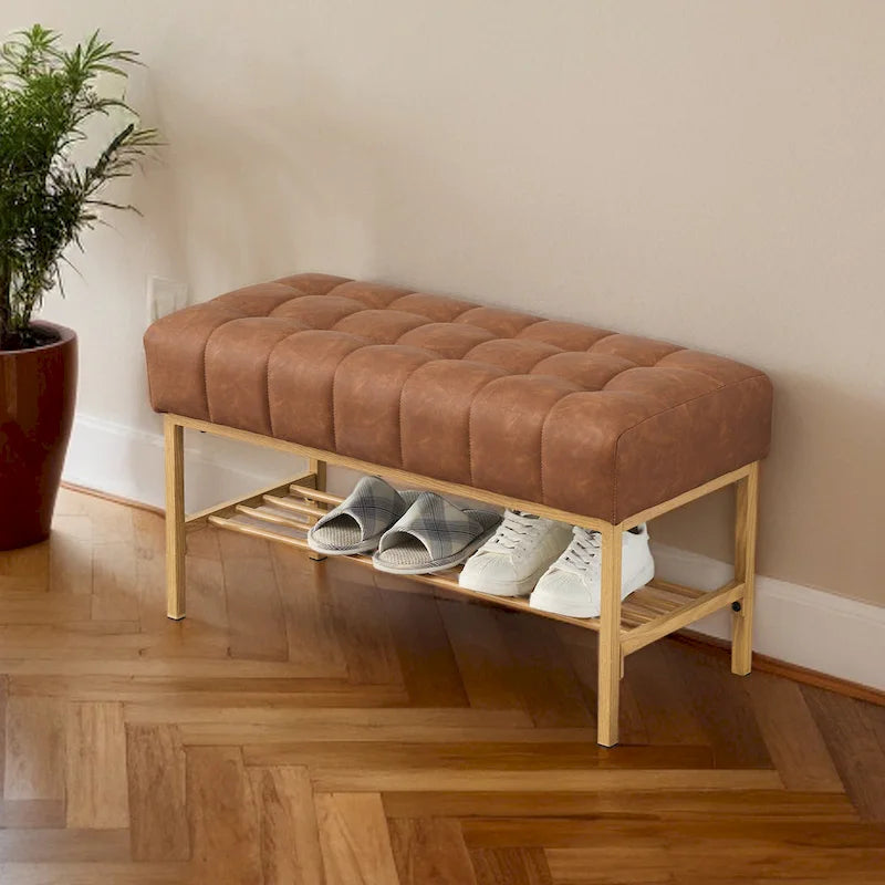 Entryway Storage Shoe Bench,Modern Upholstered Storage Bench with Shelf
