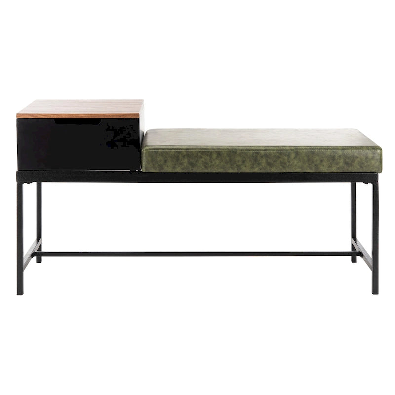 Ruthie Storage Bench 47.3"W x 16"D x 24"H - Contemporary Entryway Seating with Drawer - Light Wood & Black Metal
