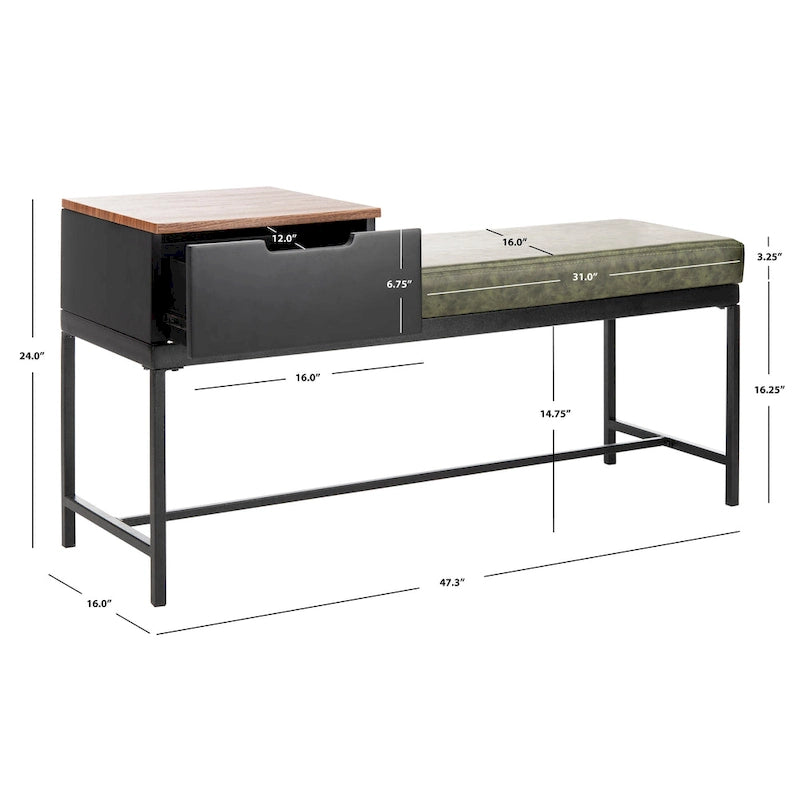 Ruthie Storage Bench 47.3"W x 16"D x 24"H - Contemporary Entryway Seating with Drawer - Light Wood & Black Metal