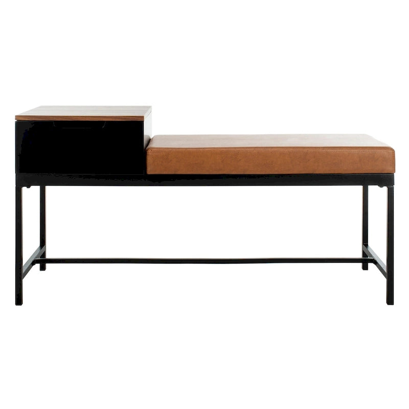 Ruthie Storage Bench 47.3"W x 16"D x 24"H - Contemporary Entryway Seating with Drawer - Light Wood & Black Metal