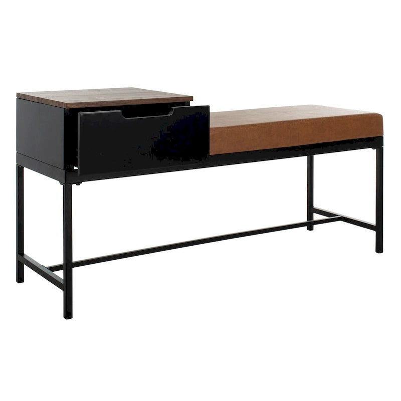 Ruthie Storage Bench 47.3"W x 16"D x 24"H - Contemporary Entryway Seating with Drawer - Light Wood & Black Metal
