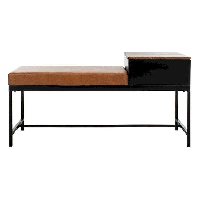 Ruthie Storage Bench 47.3"W x 16"D x 24"H - Contemporary Entryway Seating with Drawer - Light Wood & Black Metal