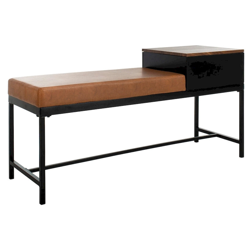 Ruthie Storage Bench 47.3"W x 16"D x 24"H - Contemporary Entryway Seating with Drawer - Light Wood & Black Metal