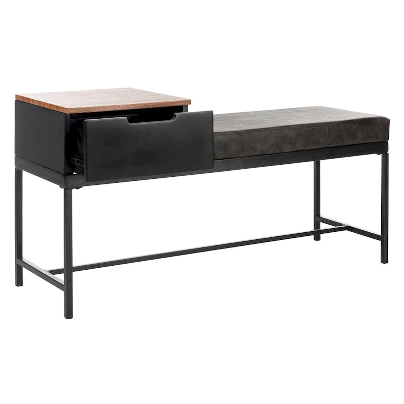 Ruthie Storage Bench 47.3"W x 16"D x 24"H - Contemporary Entryway Seating with Drawer - Light Wood & Black Metal