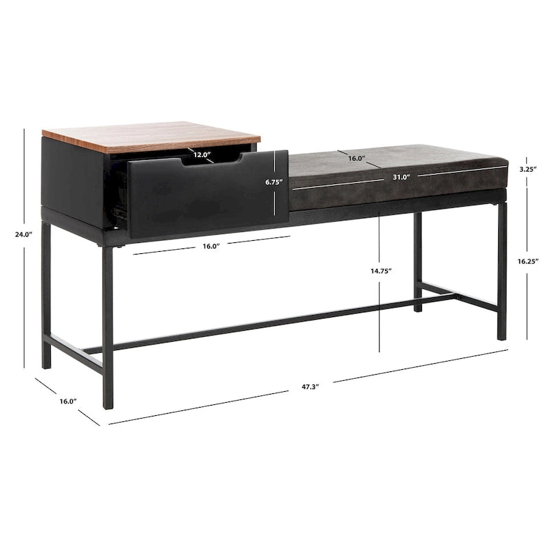 Ruthie Storage Bench 47.3"W x 16"D x 24"H - Contemporary Entryway Seating with Drawer - Light Wood & Black Metal