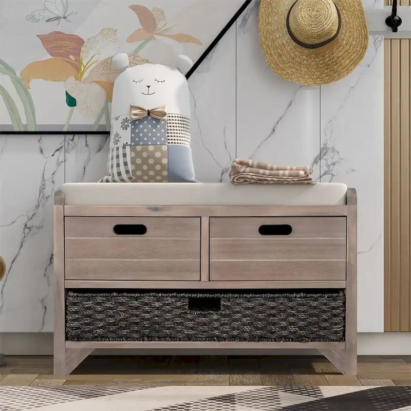 Merax Rustic Storage Bench with Removable Basket and Removable Cushion