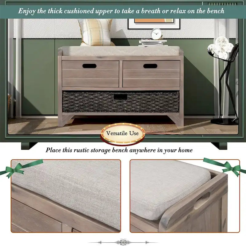 Merax Rustic Storage Bench with Removable Basket and Removable Cushion