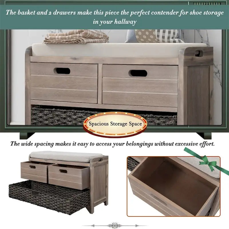 Merax Rustic Storage Bench with Removable Basket and Removable Cushion