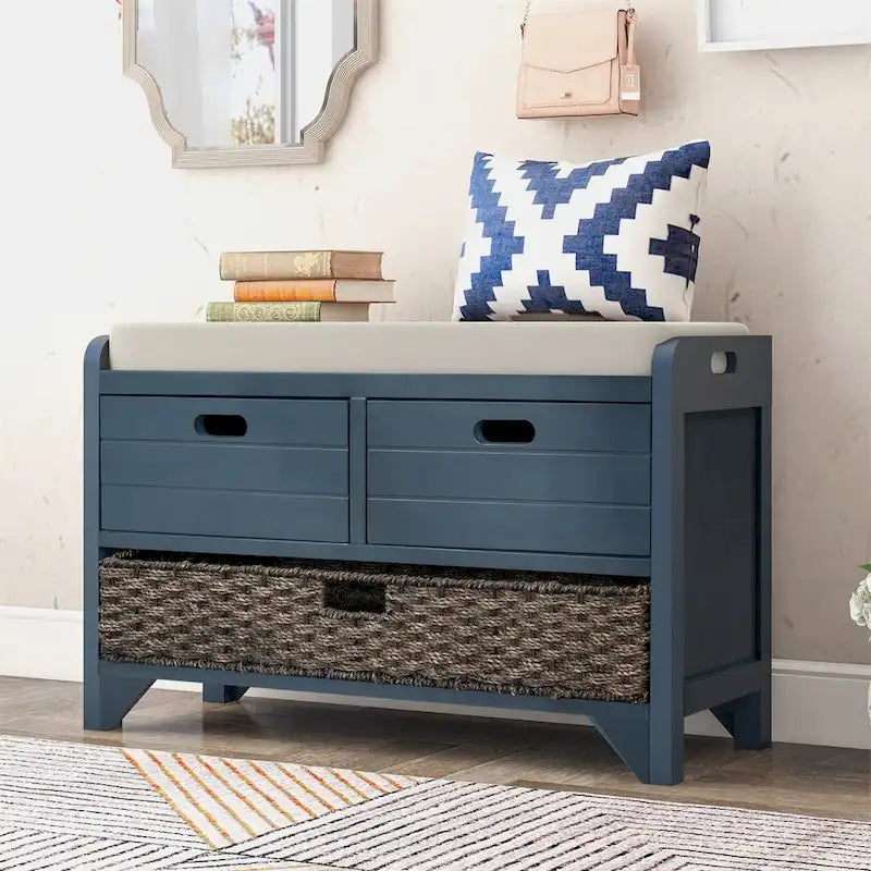 Merax Rustic Storage Bench with Removable Basket and Removable Cushion