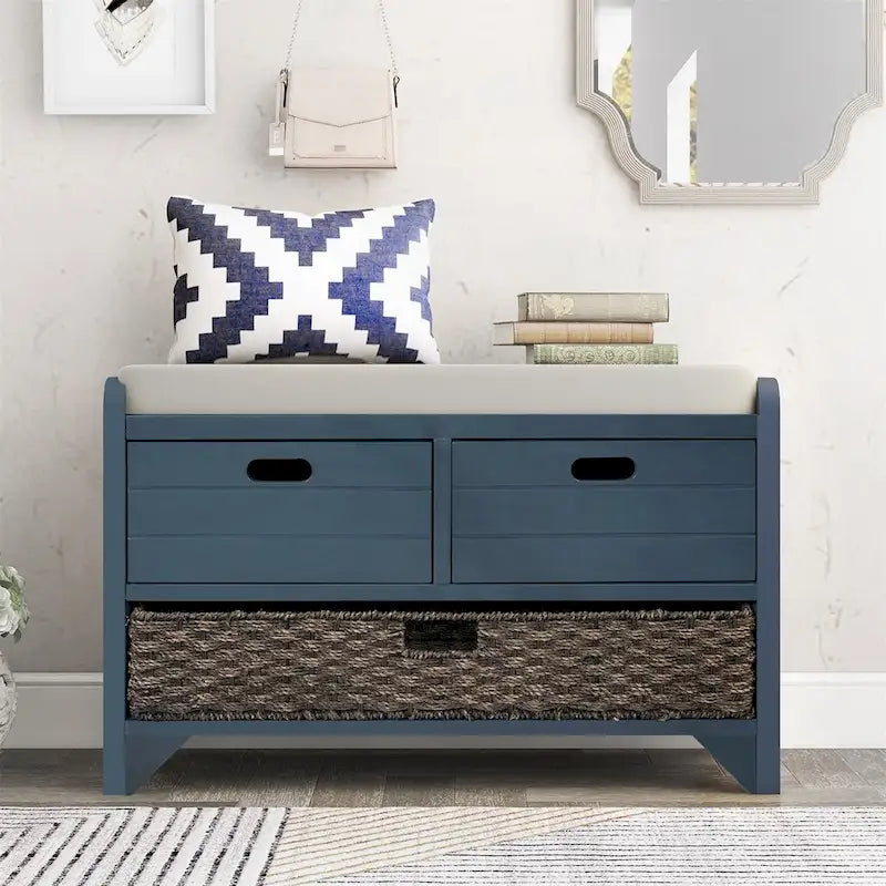 Merax Rustic Storage Bench with Removable Basket and Removable Cushion