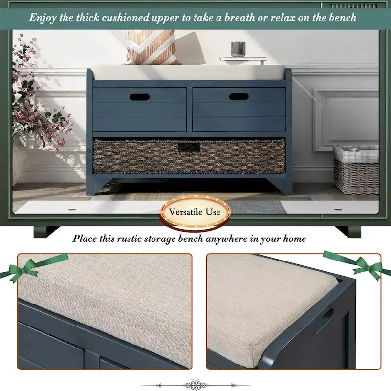 Merax Rustic Storage Bench with Removable Basket and Removable Cushion