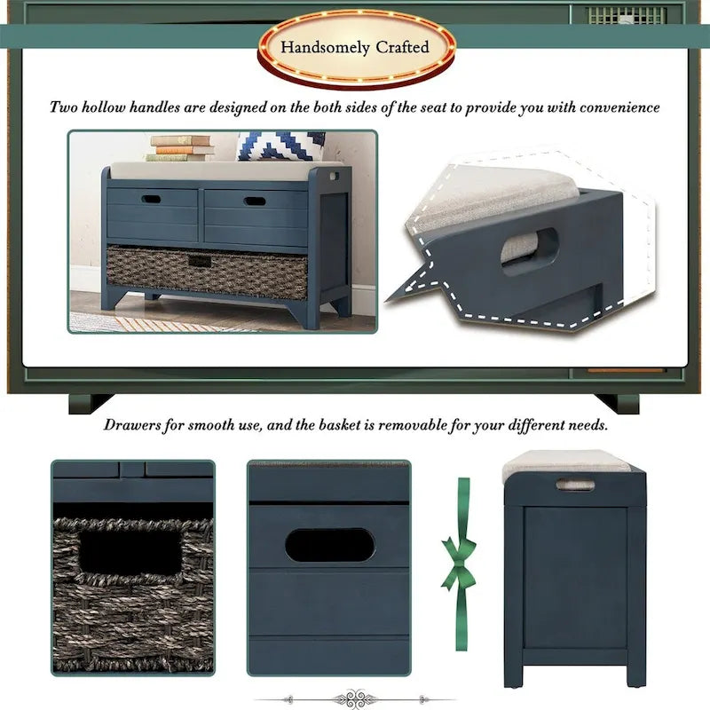 Merax Rustic Storage Bench with Removable Basket and Removable Cushion