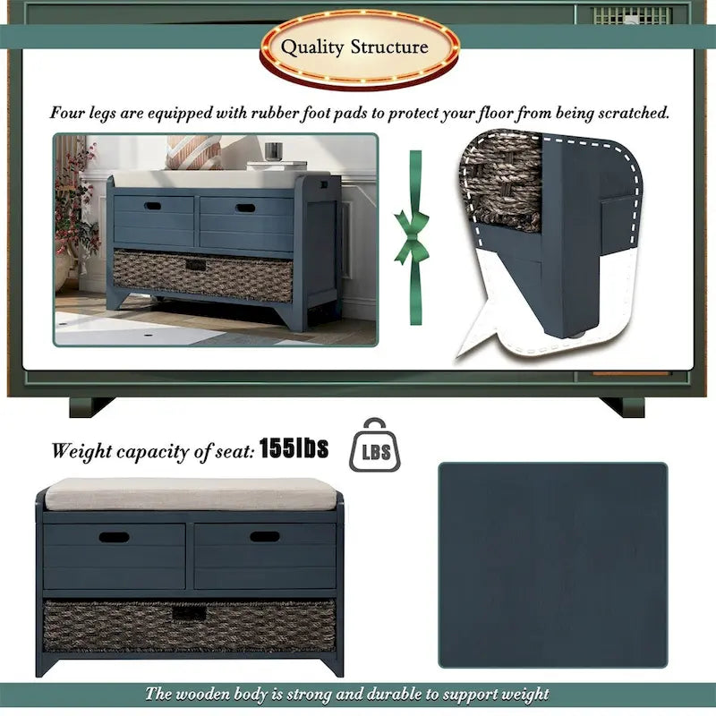 Merax Rustic Storage Bench with Removable Basket and Removable Cushion