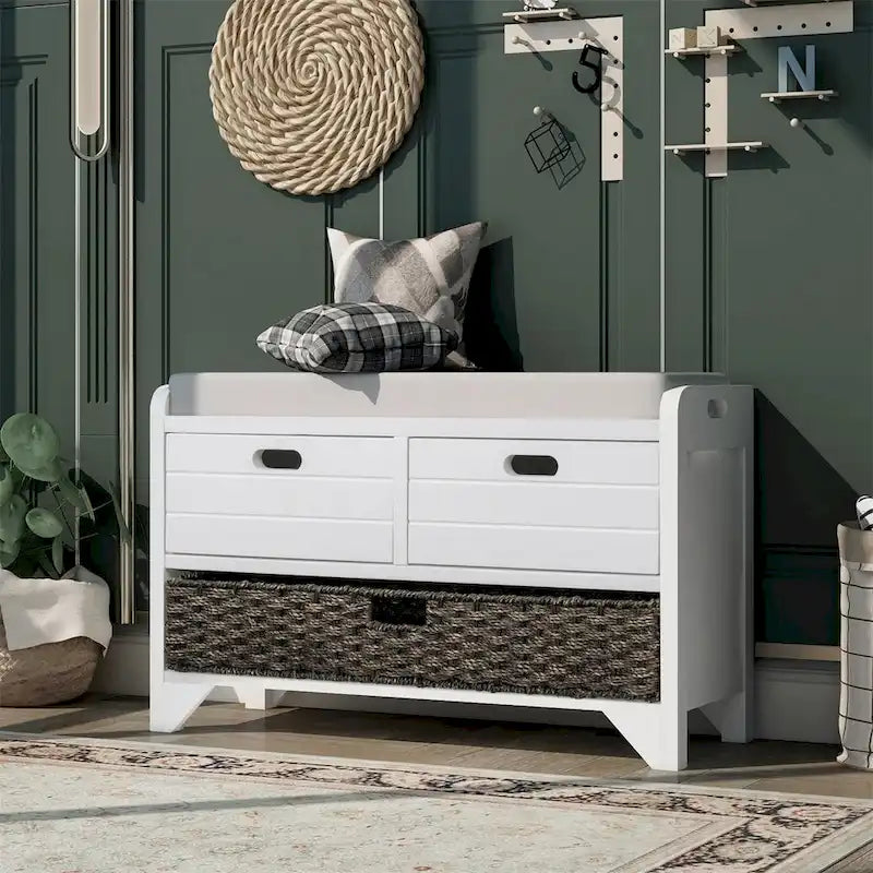 Merax Rustic Storage Bench with Removable Basket and Removable Cushion