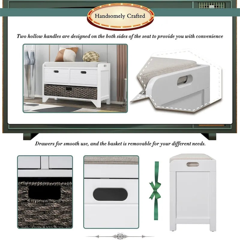 Merax Rustic Storage Bench with Removable Basket and Removable Cushion