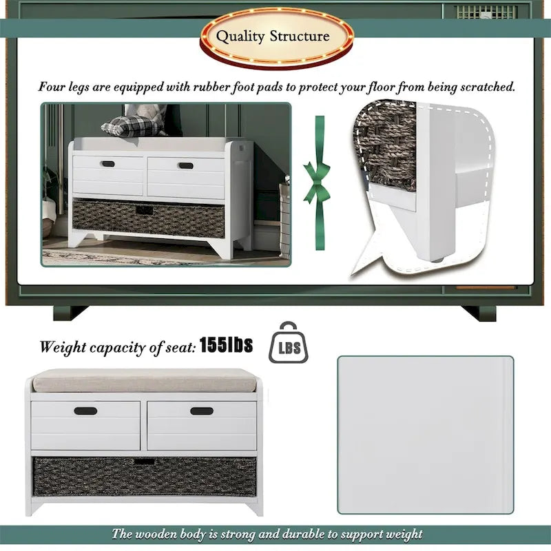 Merax Rustic Storage Bench with Removable Basket and Removable Cushion