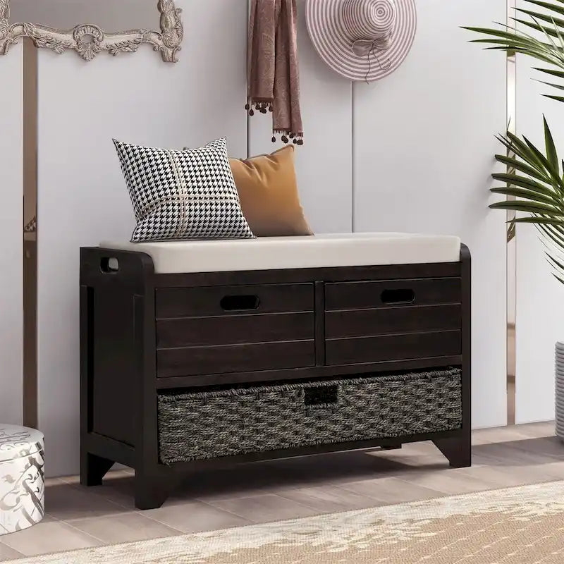 Merax Rustic Storage Bench with Removable Basket and Removable Cushion