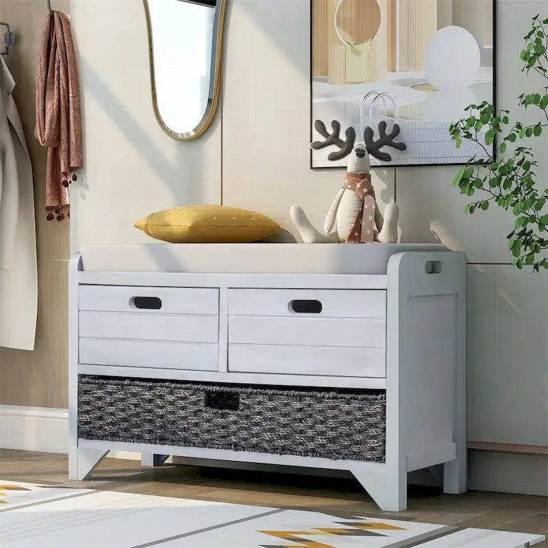 Merax Rustic Storage Bench with Removable Basket and Removable Cushion