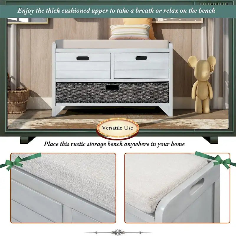 Merax Rustic Storage Bench with Removable Basket and Removable Cushion