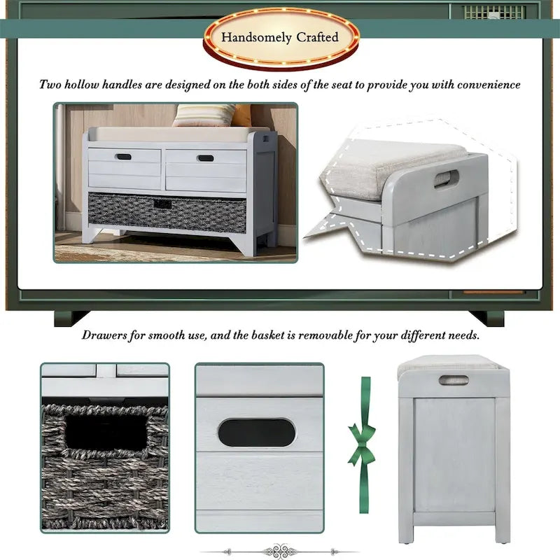 Merax Rustic Storage Bench with Removable Basket and Removable Cushion