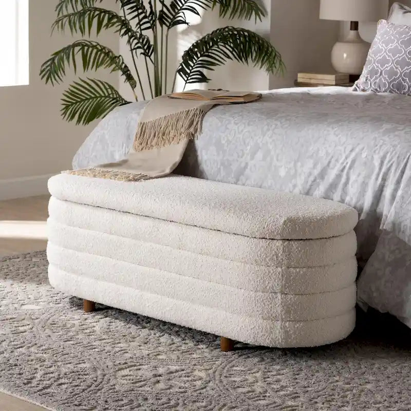 Betiana Modern Japandi Cream Boucle Fabric and Walnut Brown Finished Wood Storage Bench