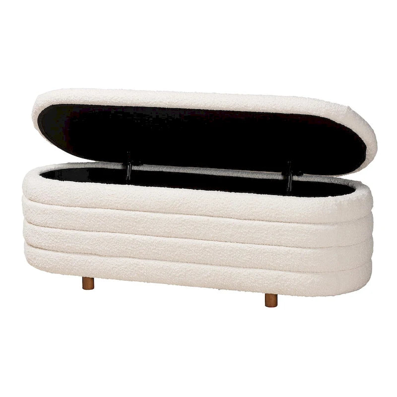 Betiana Modern Japandi Cream Boucle Fabric and Walnut Brown Finished Wood Storage Bench