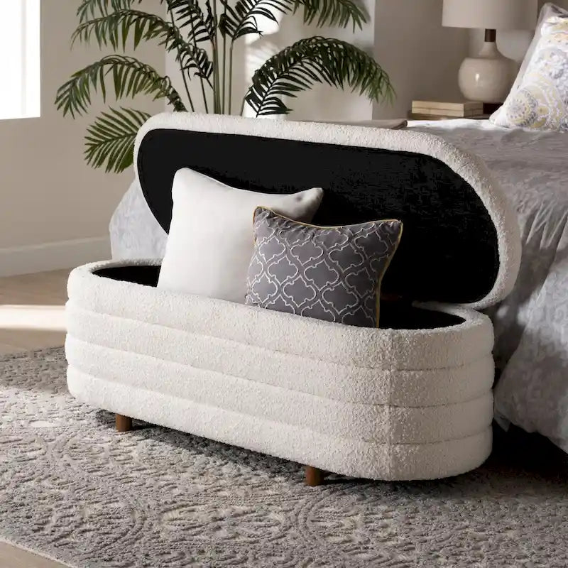 Betiana Modern Japandi Cream Boucle Fabric and Walnut Brown Finished Wood Storage Bench