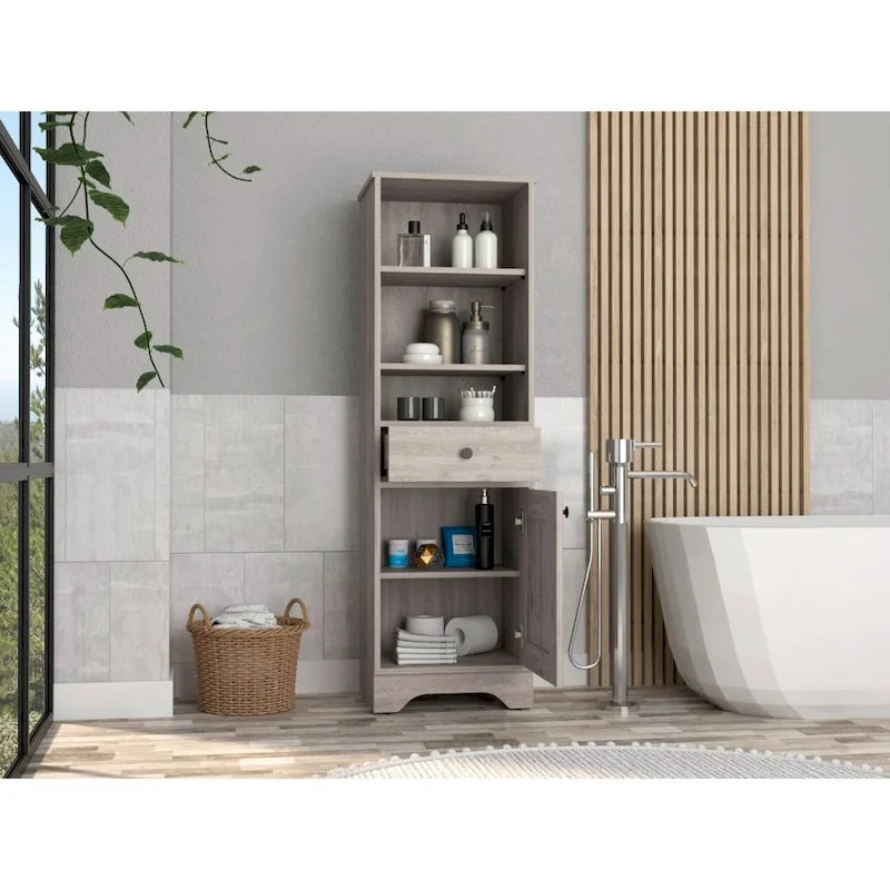 Alaskan Linen Cabinet with Drawer, 3 Open Shelves & Single Door - Light Oak White/Gray - 17.3"W x 18.8"D x 55.7"H