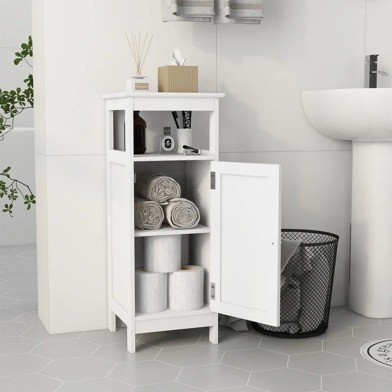 White Bathroom Floor Cabinet with Single Door, Freestanding Cupboard, Storage Organizer