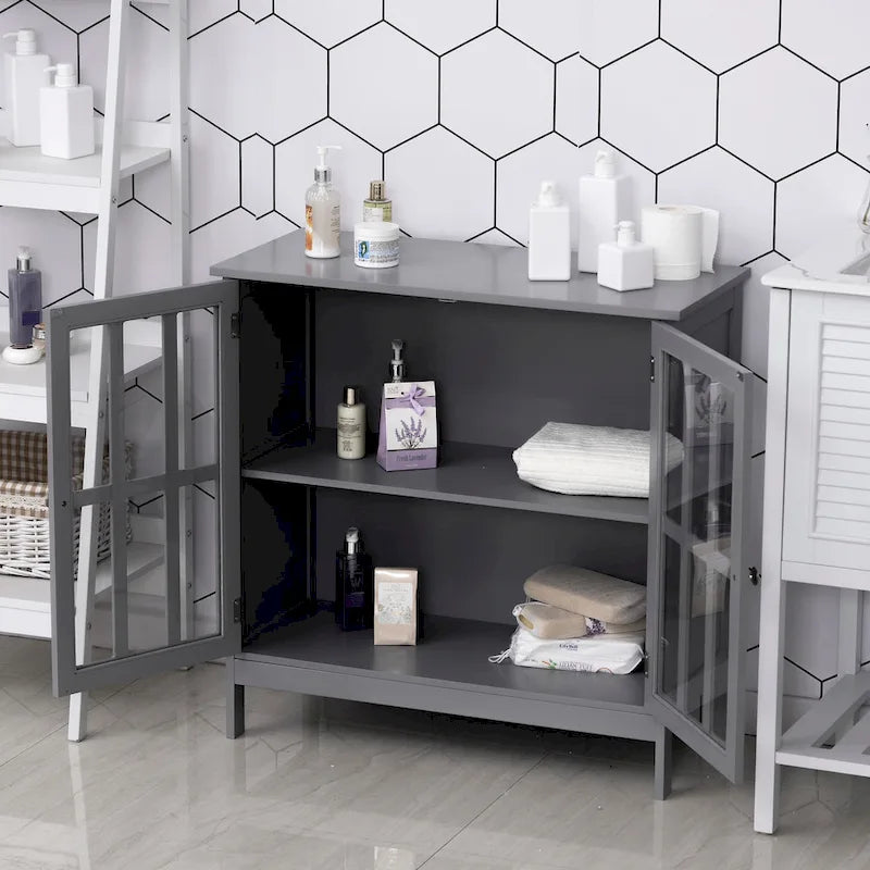 kleankin Storage Sideboard Buffet Cabinet Credenza with 2 Transparent Doors Dining Cupboard in Kitchen, Hallway, Grey