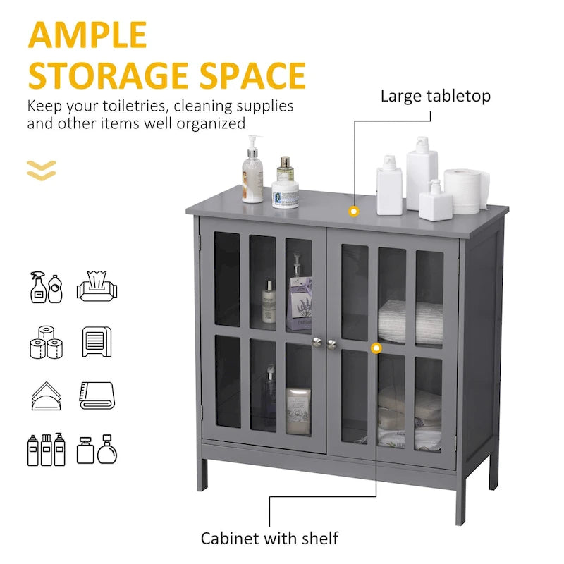 kleankin Storage Sideboard Buffet Cabinet Credenza with 2 Transparent Doors Dining Cupboard in Kitchen, Hallway, Grey