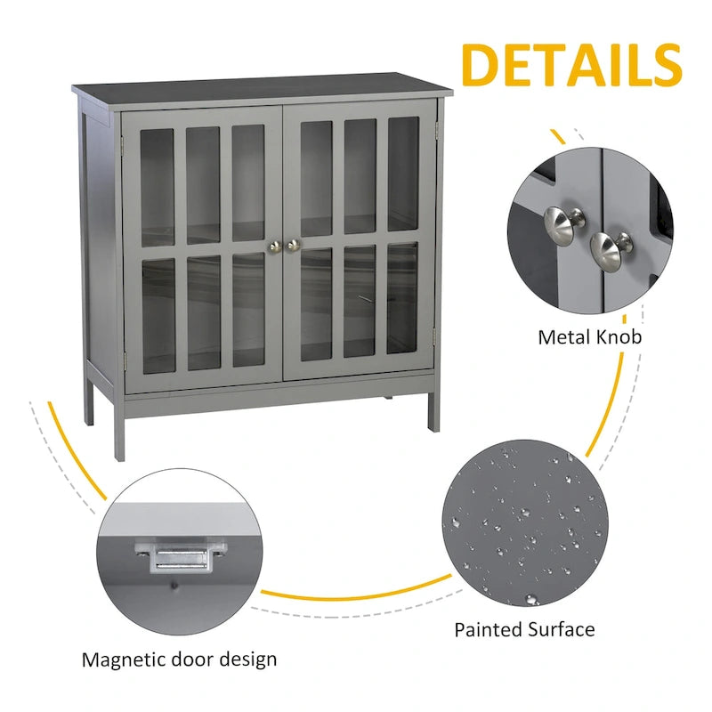 kleankin Storage Sideboard Buffet Cabinet Credenza with 2 Transparent Doors Dining Cupboard in Kitchen, Hallway, Grey