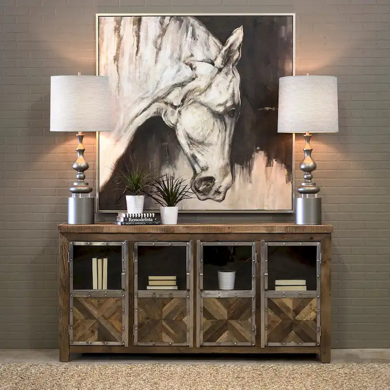 Harp & Finial Ayers 4-Door Reclaimed Railroad Tie Wood with Clear Glass Sideboard