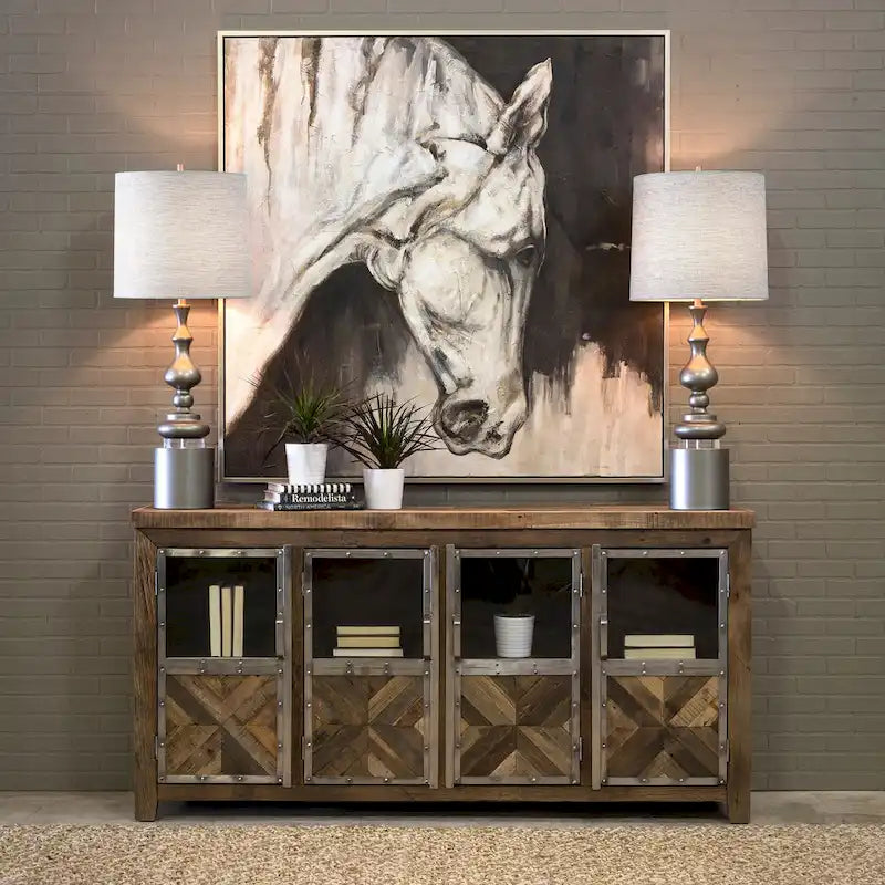 Harp & Finial Ayers 4-Door Reclaimed Railroad Tie Wood with Clear Glass Sideboard