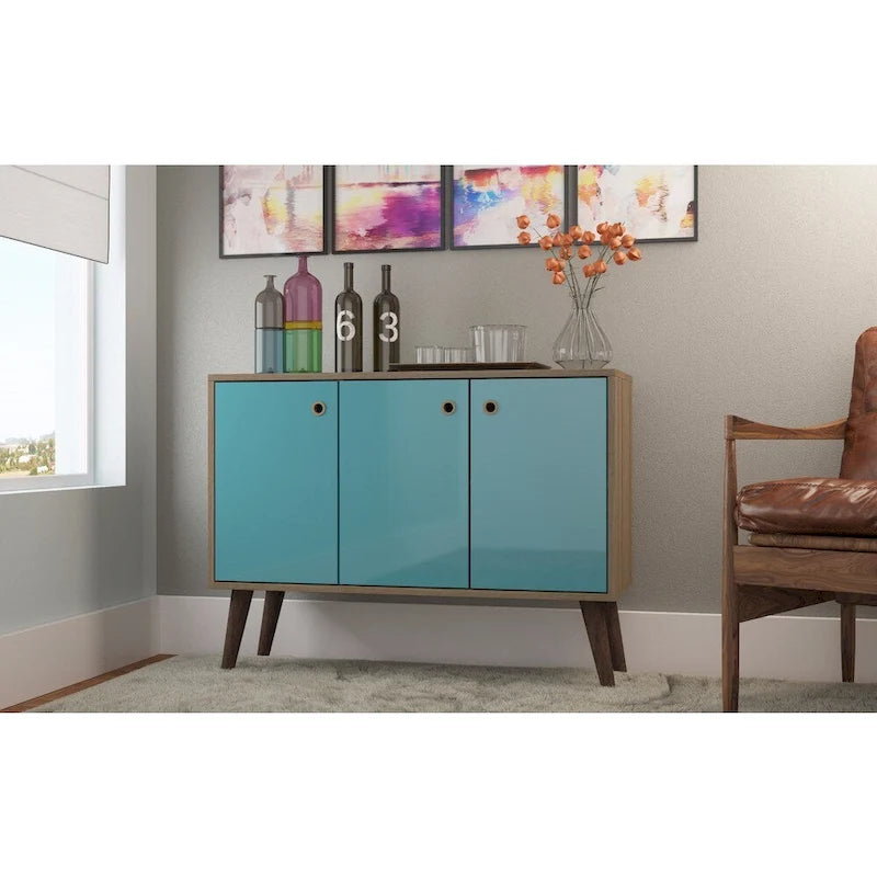 35.43" Mid-Century Modern Buffet Stand with 3 Shelves 3 Doors Storage Cabinet Glossy Finish Sideboard