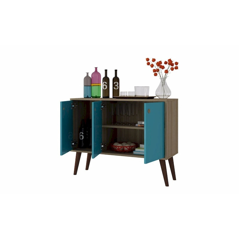 35.43" Mid-Century Modern Buffet Stand with 3 Shelves 3 Doors Storage Cabinet Glossy Finish Sideboard