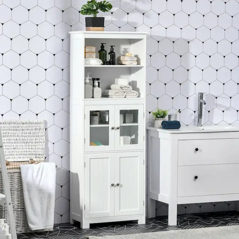 63" White Kitchen Buffet Hutch Cabinet with Glass Doors, Adjustable Shelves & Storage - Modern Freestanding Pantry Organizer