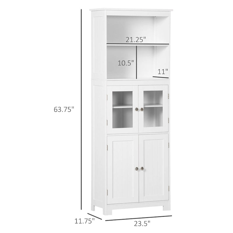 63" White Kitchen Buffet Hutch Cabinet with Glass Doors, Adjustable Shelves & Storage - Modern Freestanding Pantry Organizer