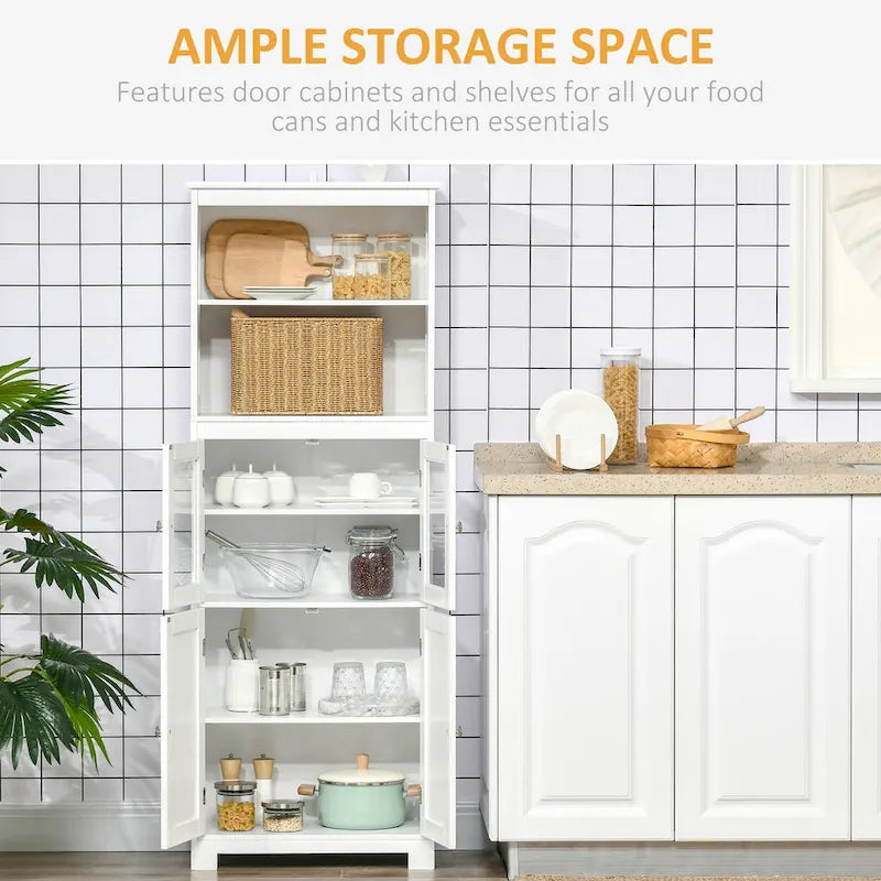 63" White Kitchen Buffet Hutch Cabinet with Glass Doors, Adjustable Shelves & Storage - Modern Freestanding Pantry Organizer