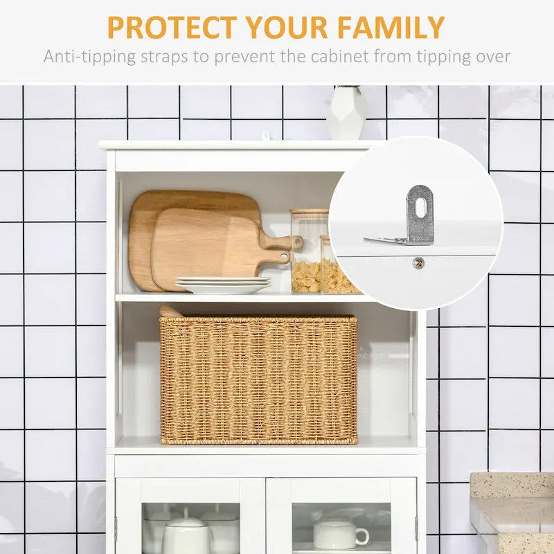 63" White Kitchen Buffet Hutch Cabinet with Glass Doors, Adjustable Shelves & Storage - Modern Freestanding Pantry Organizer