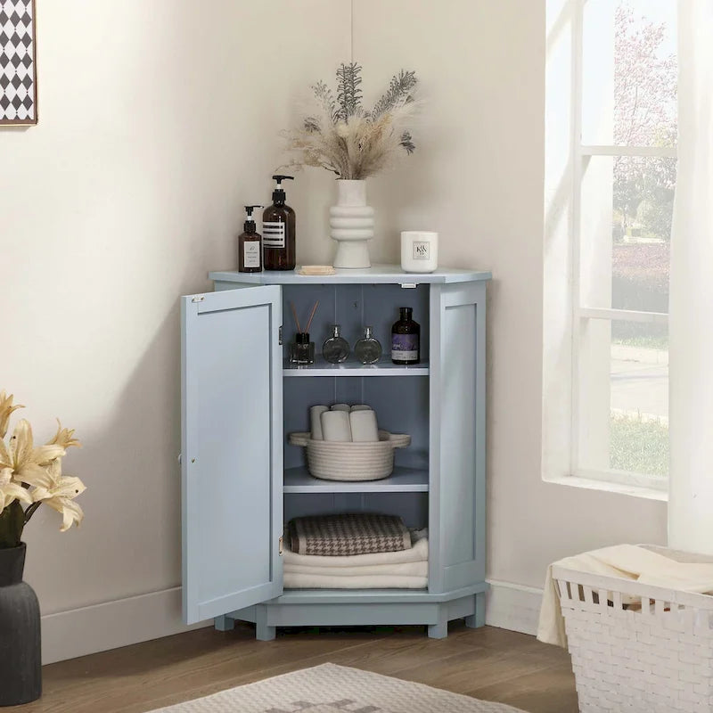 Triangle Corner Bathroom Storage Cabinet 31.5" H x 24.72" W - 2 Shelf MDF Wood Organizer with Ceramic Knobs - Black Brown