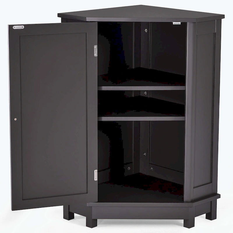 Triangle Corner Bathroom Storage Cabinet 31.5" H x 24.72" W - 2 Shelf MDF Wood Organizer with Ceramic Knobs - Black Brown