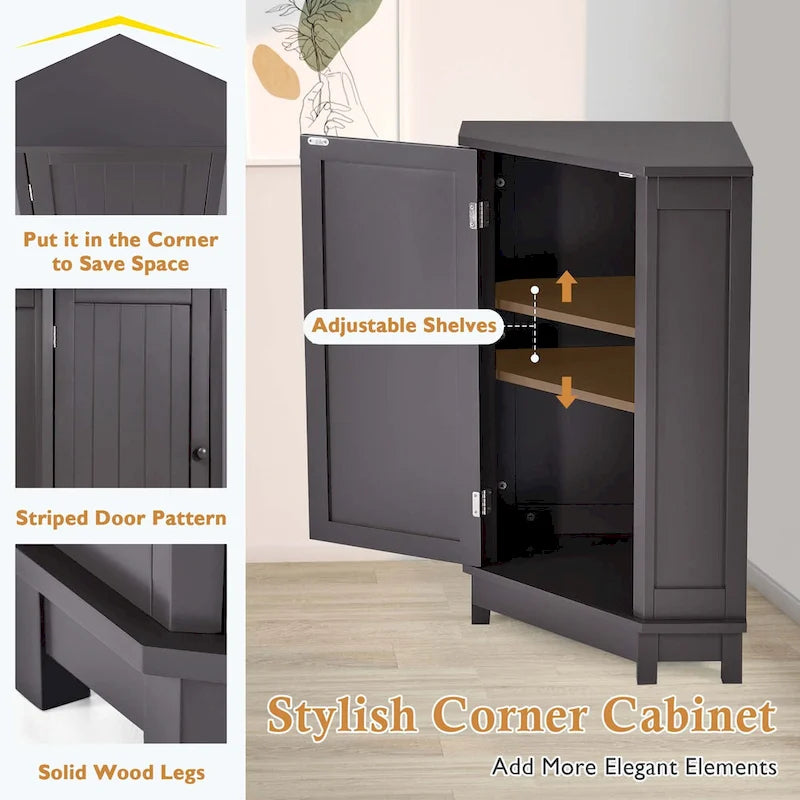 Triangle Corner Bathroom Storage Cabinet 31.5" H x 24.72" W - 2 Shelf MDF Wood Organizer with Ceramic Knobs - Black Brown