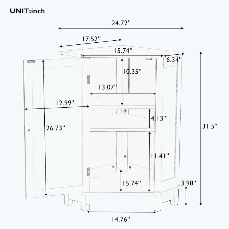 Triangle Corner Bathroom Storage Cabinet 31.5" H x 24.72" W - 2 Shelf MDF Wood Organizer with Ceramic Knobs - Black Brown