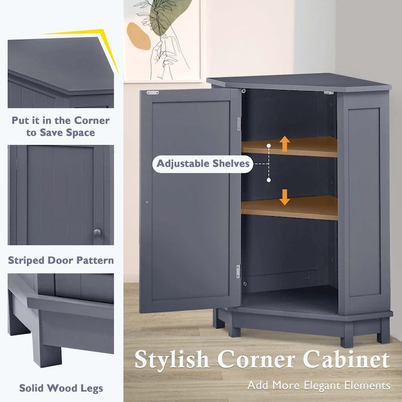 Triangle Corner Bathroom Storage Cabinet 31.5" H x 24.72" W - 2 Shelf MDF Wood Organizer with Ceramic Knobs - Black Brown