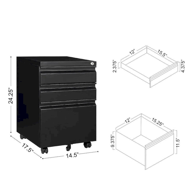 3-Drawer Steel Locking Rolling File Cabinet