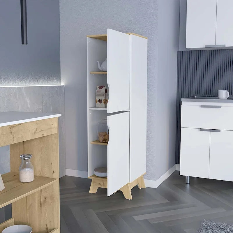 Single Kitchen Pantry Wallas, Four Shelves, Two Doors, Light Oak / White Finish