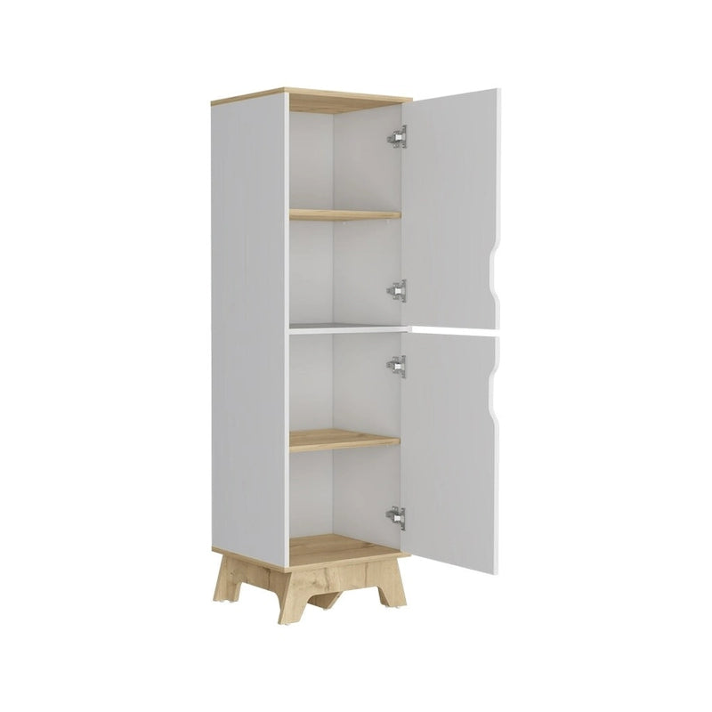 Single Kitchen Pantry Wallas, Four Shelves, Two Doors, Light Oak / White Finish